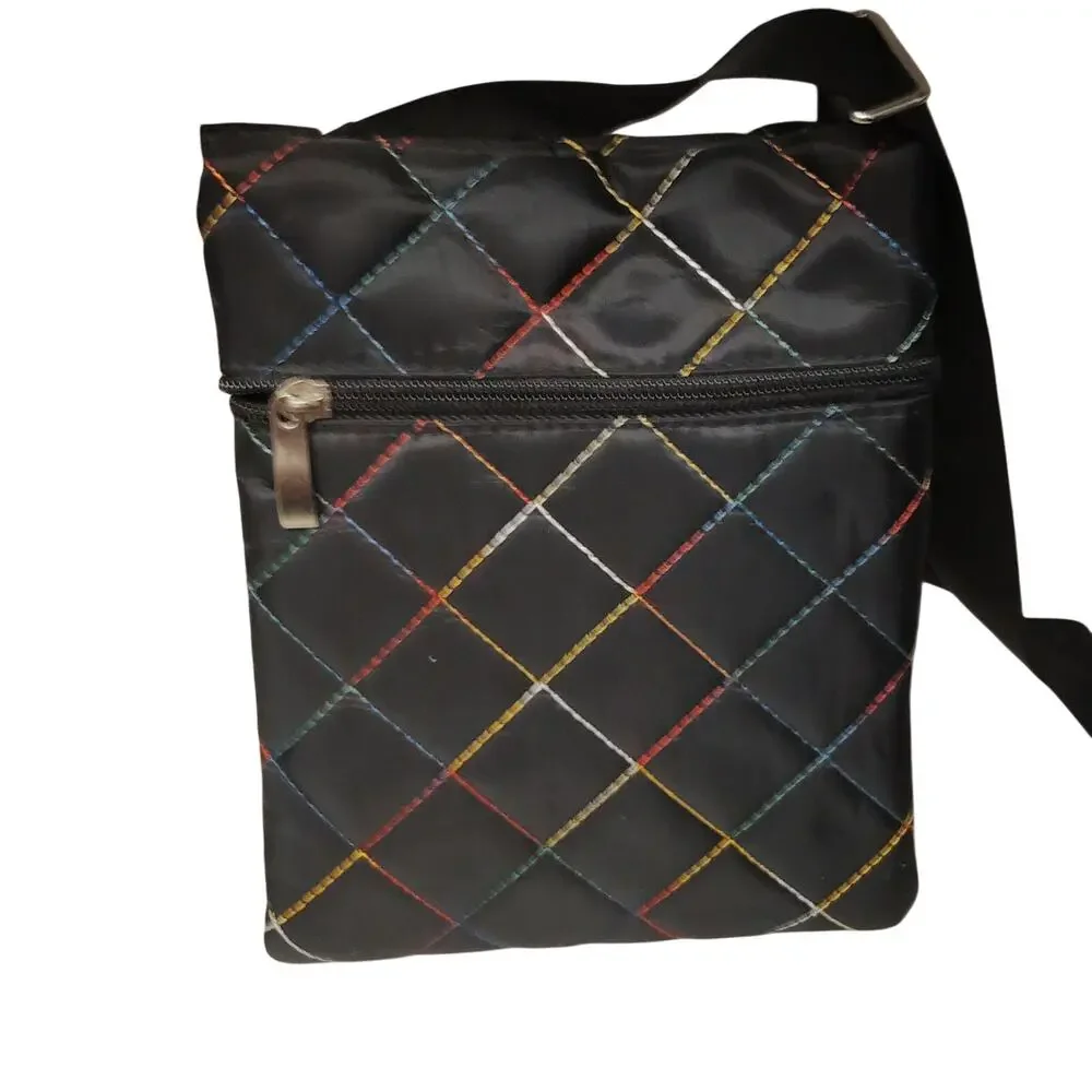 Vintage Black Quilted Crossbody Bag - Colorful Stitching Shoulder Purse 8x6x1.5
